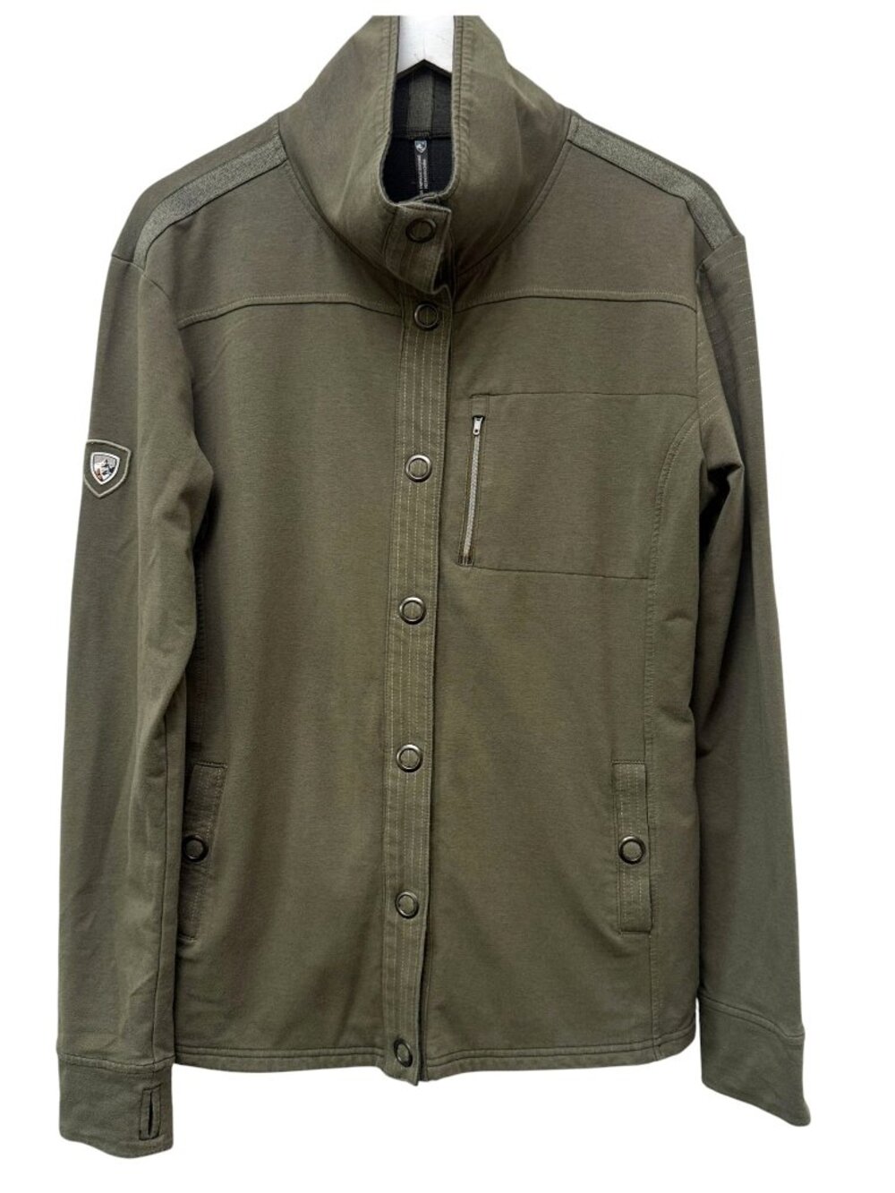 Kuhl Womens Jacket XL Olive Green Stretch Knit High Collar Snap Front Utility